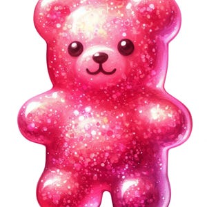 Puede incluir: Ilustración de un osito de goma rosa con efecto brillante. El oso tiene una cara sonriente con ojos negros y una nariz pequeña. La imagen está sobre un fondo blanco, resaltando los detalles del caramelo.