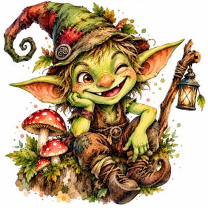 Puede incluir: Un duende de piel verde con grandes orejas puntiagudas y una amplia sonrisa, que lleva un sombrero alto, curvado y remendado con un emblema circular. El duende está sentado junto a tres setas rojas con puntos blancos y sostiene un bastón.