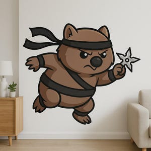 Ninja Wombat Cartoon Wall Sticker Funny Animal Decal in Comic Style for Wall Motorhome Laptop Gift for Kids Animal Fans Humor Lovers