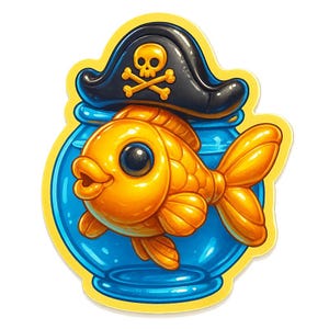 金魚鉢に入った海賊帽子をかぶった金魚 – 面白い漫画ステッカー – 耐候性 – 動物、海、ユーモア好きへのギフト