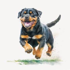 Puede incluir: Pintura a la acuarela de un perro Rottweiler corriendo, sobre un fondo blanco. El perro tiene un pelaje negro con marcas color canela en la cara, el pecho y las patas. Su boca está abierta en una expresión feliz y su cola está levantada.