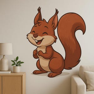 Adhesivo de pared de ardilla feliz: divertido motivo de animales del bosque para la sala de estar, la habitación de los niños o la decoración de casas móviles para los amantes de los animales de la naturaleza.