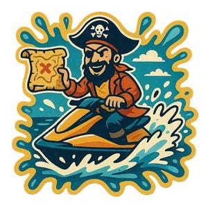 Pirat Sticker auf Jetski mit Schatzkarte Lustiger Comic Aufkleber für Meerfans Schatzsucher und Freibeuterinnen mit Stil