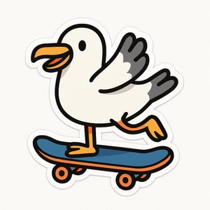 Pegatina de gaviota con patineta – Divertida pegatina para coche – Resistente a la intemperie, genial – Regalo para patinadores, amantes de la costa y amantes de las aves