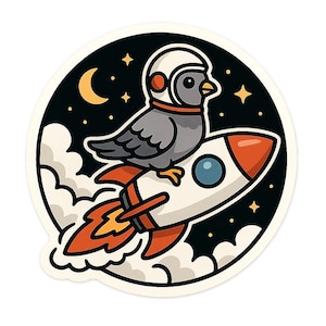 Pegatina de paloma cohete | Paloma de dibujos animados con casco viajando en cohete | Cómic espacial de animales con humor | Pegatina divertida de vuelo