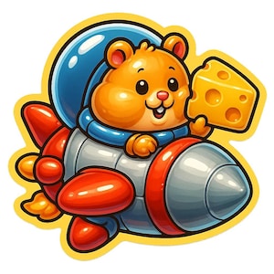 Hámster en el transbordador espacial en una misión de queso – Divertida pegatina de dibujos animados – Resistente a la intemperie – Regalo para fanáticos de los animales, el espacio y el humor