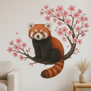 May include: A watercolor illustration of a red panda perched on a tree branch with pink cherry blossoms. The red panda has reddish-brown fur with a dark brown belly and a striped tail. The background is white.