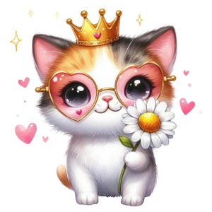 Niedlicher Katzen Sticker mit Herz-Brille und Krone, süßer Tier-Aufkleber mit Blume
