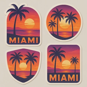 Set di adesivi con il tramonto di Miami, adesivo Palm Beach, motivo di vacanza tropicale, souvenir di viaggio, adesivo per laptop, decorazione colorata, idea regalo