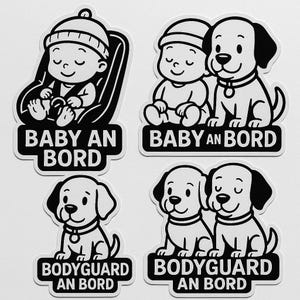 Sticker Set Baby on Board Sticker with Dog – Cute Car Sticker with Baby and Bodyguard – Cartoon Design, Weatherproof