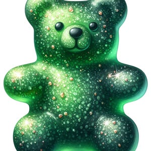 Puede incluir: Un osito de goma verde con un aspecto brillante y brillante. El oso tiene una forma clásica con un cuerpo, cabeza y extremidades redondeadas. Los ojos y la nariz del oso son negros, y el efecto general es caprichoso y juguetón.