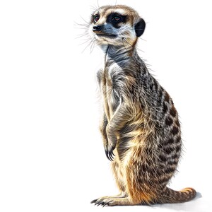 May include: A detailed illustration of a meerkat standing upright on a white background. The meerkat has brown, tan, and black fur, with a long tail and small, dark eyes. Its paws are black, and it appears to be looking upwards.