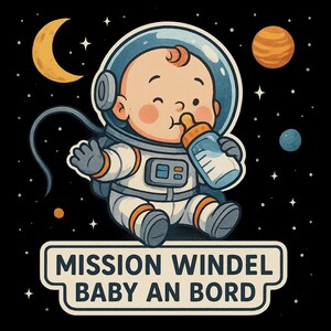 Misión Windel – Pegatina de bebé a bordo con un bebé astronauta – Divertida pegatina para el coche para padres – Resistente a la intemperie y con mucho humor