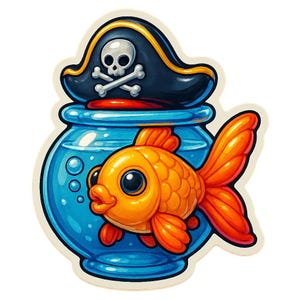 金魚鉢に入った海賊帽子をかぶった金魚 – 面白い漫画ステッカー – 耐候性 – 動物、海、ユーモア好きへのギフト