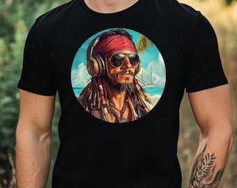 Pirate with Headphones Premium Men's T-Shirt Cotton High-Quality Printed Casual Shirt with Unique Design in Many Sizes S to 5XL