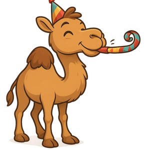 Peut inclure: Illustration d'un chameau de dessin animé portant un chapeau de fête et soufflant dans une trompette. Le chameau est brun, avec un chapeau et une trompette colorés. Fond blanc.