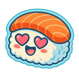 Adesivi kawaii di sushi | Divertente adesivo anime con occhi a cuore | Motivo alimentare giapponese | Regalo otaku per gli amanti del sushi