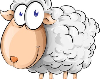 Könnte beinhalten: Cartoon-Illustration eines Schafs mit flauschigem, weißem Körper, beigem Gesicht und großen Augen. Das Schaf steht auf vier dünnen Beinen und hat einen lächelnden Ausdruck.