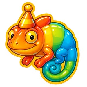 色が変わるパーティーハットをかぶったカメレオン – 面白い漫画ステッカー – 耐候性 – 動物、パーティー、ユーモアファンへのギフト