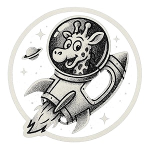 Jirafa con casco espacial en cohete – Divertida pegatina de dibujos animados – Resistente a la intemperie – Regalo para amantes de los animales, el espacio y el humor