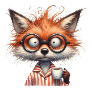Può includere: Una volpe dei cartoni animati con pelliccia arancione, che indossa occhiali neri e una camicia da pigiama a righe rosse e bianche, che tiene in mano una tazza di caffè bianca. La volpe ha un'espressione assonnata e capelli spettinati.