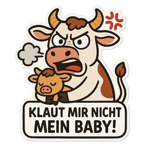 Wütende Kuh Sticker – „Klaut mir nicht mein Baby“ – Schützende Mutterkuh als Cartoon – Wetterfester Autoaufkleber für Tierfreunde