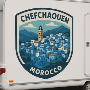 Adesivo per auto Chefchaouen – Destinazione di viaggio della città blu del Marocco – Adesivo Oriental Vanlife per auto e camper