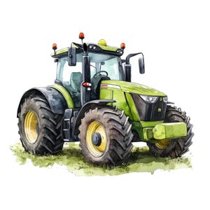 Puede incluir: Ilustración en acuarela de un tractor verde con neumáticos negros y llantas amarillas. El tractor tiene una cabina de cristal y está sobre un trozo de hierba verde. El tractor tiene luces naranjas en la parte superior.
