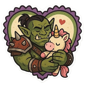 Adesivo Orco Guerriero, peluche unicorno, adesivo fumetto per nerd fantasy, teneri e amici della brutale tenerezza con umorismo