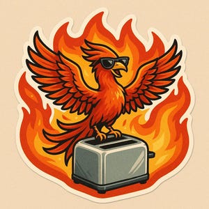 Pegatina de fénix con gafas de sol volando desde una tostadora Pegatina cómica para amantes del desayuno Pájaros nerds y fantásticos con fuego