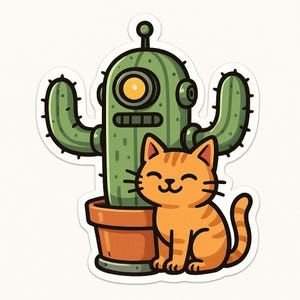 Adesivo Robot Cactus con Gatto - Adesivo Auto Fantasy - Resistente alle Intemperie, Pazzesco - Regalo per Appassionati di Fantascienza, Amanti dei Gatti, Nerd