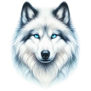 May include: A detailed illustration of a wolf's head. The wolf has bright blue eyes, a black nose, and white and gray fur. The fur is detailed with shading to give it a realistic look. The background is white.