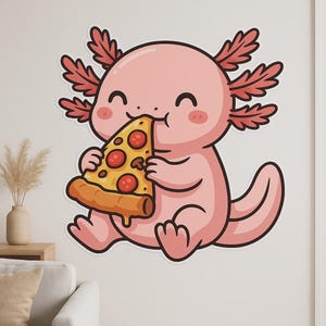 Bonita pegatina de pared de ajolote comiendo pizza: divertido motivo de anfibios para la cocina, la habitación de los niños o la decoración de la autocaravana para los amantes de la pizza y los fans del kawaii.