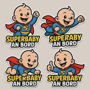 Zestaw naklejek Superbaby on Board – zabawna naklejka na samochód z dzieckiem w pelerynie – styl komiksowy, odporny na warunki atmosferyczne, dla rodziców z poczuciem humoru