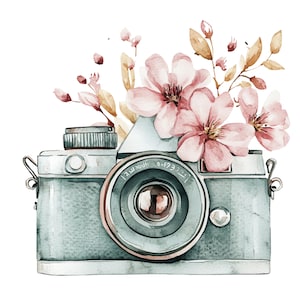 Könnte beinhalten: Aquarell-Illustration einer Vintage-Kamera in Türkis- und Rosatönen. Die Kamera ist mit rosa Blüten und hellbraunen Blättern verziert, wodurch ein florales Design entsteht. Das Kameraobjektiv hat eine metallisch-silberne Oberfläche.