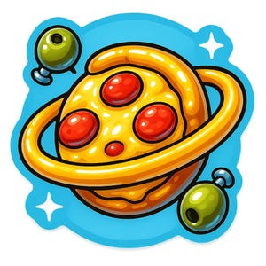 オリーブの衛星付きピザプラネット - 面白い漫画ステッカー - 耐候性 - グルメ、宇宙、ユーモアファンへのギフト