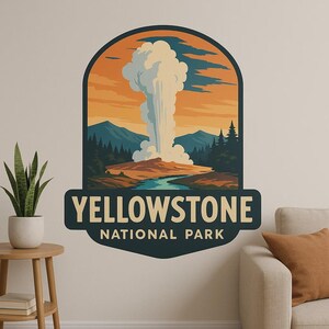 イエローストーン国立公園の壁ステッカー、風景と間欠泉をモチーフにした自然モチーフ。壁、キャンピングカー、ノートパソコンに貼るステッカーとして、アメリカのアウトドア愛好家への贈り物に。