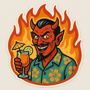 Pegatina de diablo con camisa hawaiana y copa de cóctel. Divertida pegatina de demonio cómico para amigos de verano, fanáticos de la sátira y fanáticos de la pasión.
