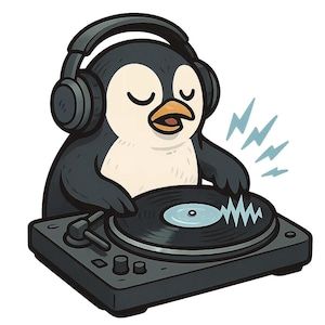 Könnte beinhalten: Cartoon-Illustration eines Pinguins mit Kopfhörern, der einen Plattenspieler bedient. Der Pinguin ist schwarz-weiß mit einem orangefarbenen Schnabel und geschlossenen Augen. Blaue Schallwellen gehen vom Plattenspieler aus.