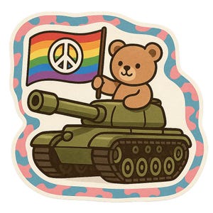 Adesivo orsacchiotto in un carro armato con bandiera della pace Adesivo fumetto per gli amanti dei coccoloni Satirici anti-guerra e nerd militari con ironia