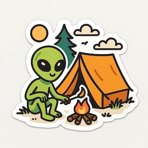 Alien Camping Sticker – Funny Car Sticker – Weatherproof, Extraterrestrial – Gift for Sci-Fi Fans, Campers, and Nerds