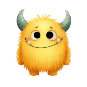 Könnte beinhalten: Illustration eines fröhlichen, gelben Monsters mit großen schwarzen Augen, kleinen weißen Fangzähnen und einem lächelnden Mund. Das Monster hat flauschiges Fell und zwei gebogene, hellgrüne Hörner. Der Hintergrund ist weiß.