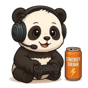 Puede incluir: Un panda de dibujos animados con auriculares y un mando de videojuegos. Una lata de bebida energética naranja con las palabras "ENERGY DRINK" y un rayo gráfico está al lado del panda. El panda tiene pelaje blanco y negro.