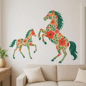 Flower Horses Wall Sticker Romantic horse motif with floral elements as a sticker for wall, camper van, laptop, gift for horses, nature fans