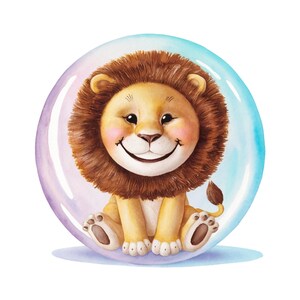 May include: A watercolor illustration of a smiling lion cub inside a large, transparent bubble. The lion has a brown mane, tan body, and pink cheeks. The bubble has a gradient of blue, purple, and white.
