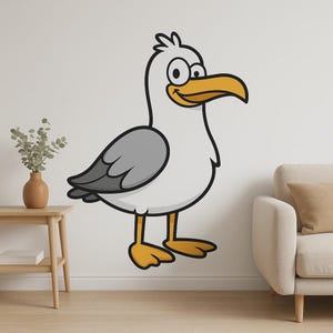 Sticker mural drôle de mouette de dessin animé - Oiseau ludique dans un style comique pour la décoration de salle de bain, de chambre d'enfant ou de camping-car fans côtiers amoureux des animaux