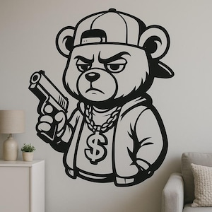 Sticker mural ours en peluche gangster – Dessin humoristique de style urbain pour chambre d'enfant, chambre d'adolescent ou décoration de mobil-home pour les fans de hip-hop et de bandes dessinées
