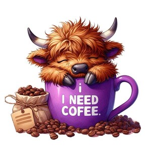 Highland Cow & Coffee Sticker – Cute Highland Cow as a wall sticker and car sticker
