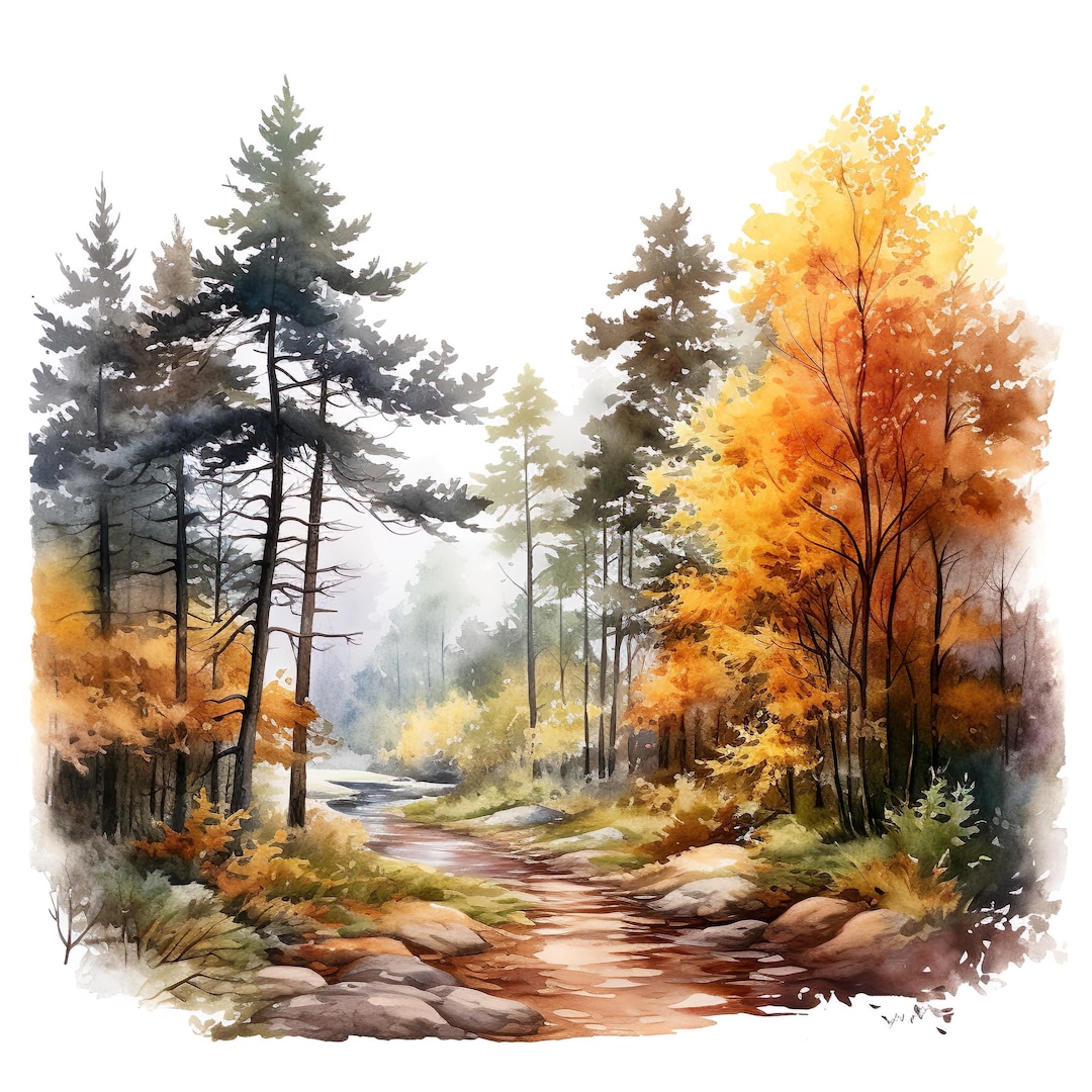 Autumn Forest Sticker Watercolor Landscape Sticker With Forest Path and ...