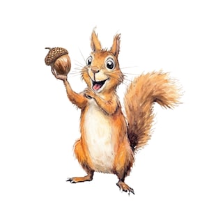 May include: Watercolor illustration of a cheerful squirrel holding a brown acorn. The squirrel has orange fur, a fluffy tail, and a happy expression. The artwork is set against a clean white background, highlighting the squirrel and acorn.